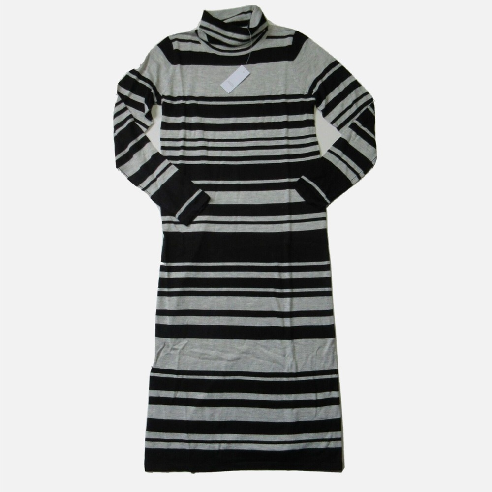 Lou & Grey | Striped Turtleneck in Black Gray Midi Maxi Sweater Dress